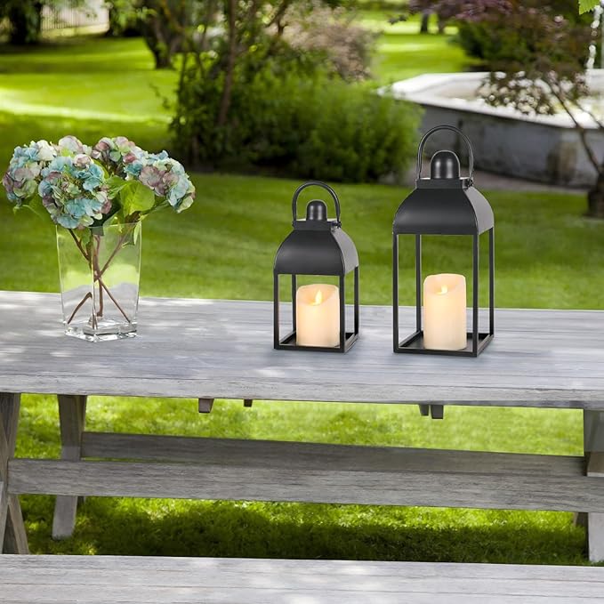 Lanterns Decorative Indoor Outdoor 15" 11" Set of 2 Lantern Decor Black Metal Candle Lanterns with Flameless Candles, Outdoor Lanterns for Porch Patio Wedding Mantle Home Decor