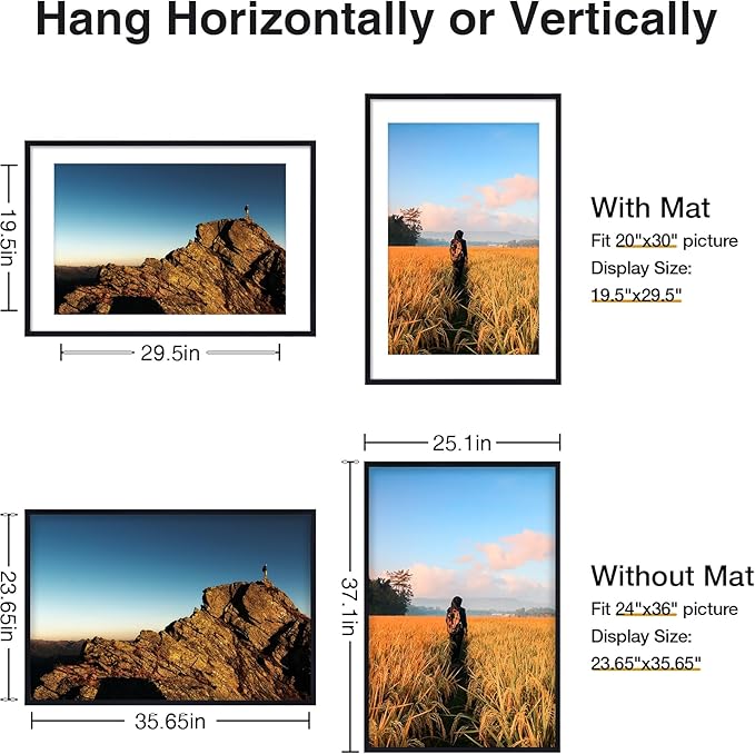 Vittanly 24x36 Picture Frame with Plexiglass - Large Black Poster Frame for Wall Display - Includes 20x30 Mat, Made of Durable PVC Design - 2 Pack
