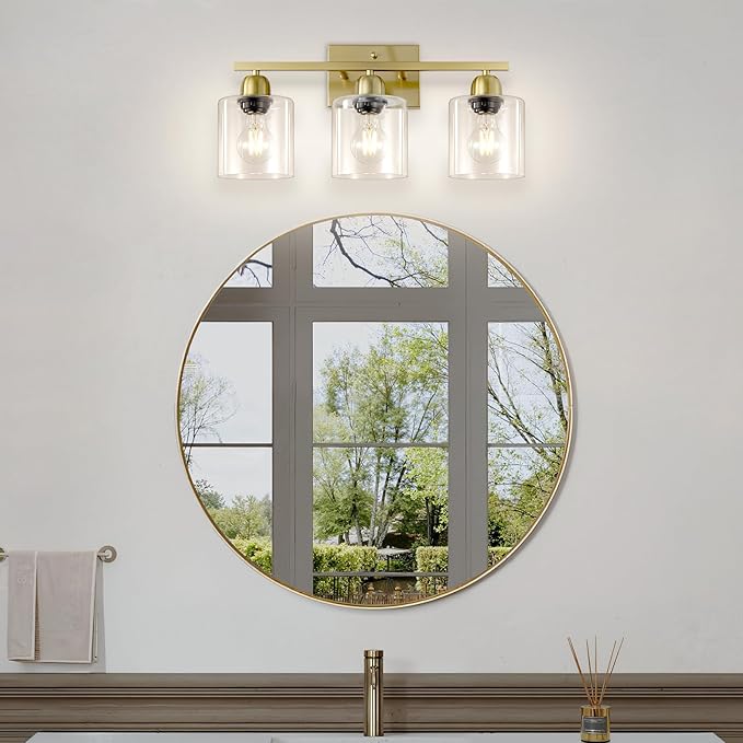 3 Light Gold Bathroom Light Fixtures, Modern Bathroom Vanity Lights with Clear Glass, Gold Vanity Mirror with Lights for Mirror Living Room Bedroom Hallway E26 Base