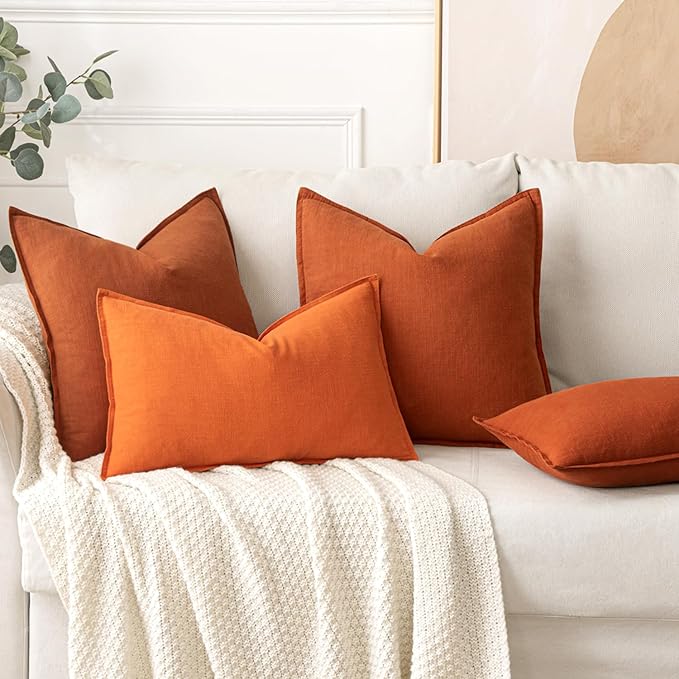 MIULEE Fall Decorative Linen Pillow Covers 18x18 Inch Orange Boho Farmhouse Neutral Couch Throw Pillows for Bed Pack of 2 Accent Modern Pillowcase Summer Sofa Livingroom Home Decor