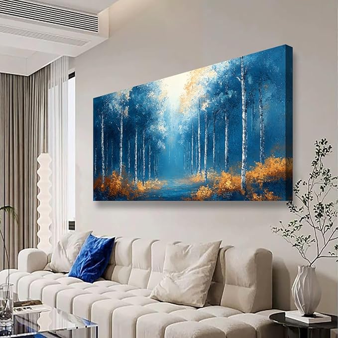 Blue Forest Pictures Canvas Wall Art for Living Room Bedroom Wall Decor,Forest Wall Art Print Paitnings for home Decor,Morden Abstract Fog Artwork Art Waterproof Stretched Ready to Hang-20x40inches