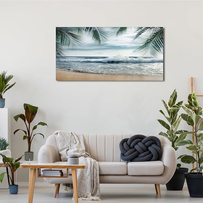 arteWOODS Tropical Beach Canvas Wall Art - Ocean Waves Pictures Coastal Oceanic Blue Sky and Sea Print Seaside Palm Tree Leaves Scene Painting Artwork Living Room Bedroom Office Home Decor 20" x 40"