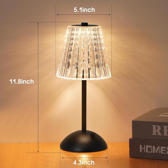 Cordless Touch Table Lamp, 3500mAh Rechargeable Small Dask Lamp, 3 Colors Dimmable Battery Operated Crysta Lamp for Bedroom Restaurant Kitchen Home Decor, Black, 2pcs