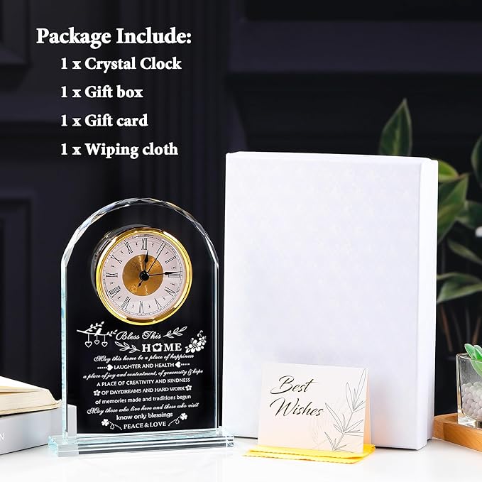 YWHL House Warming Gifts New Home Crystal Glass Clock Housewarming Gifts for Women Men Best Housewarming Gift Ideas Home for Couple Presents House Blessing Warming Gifts New Apartment