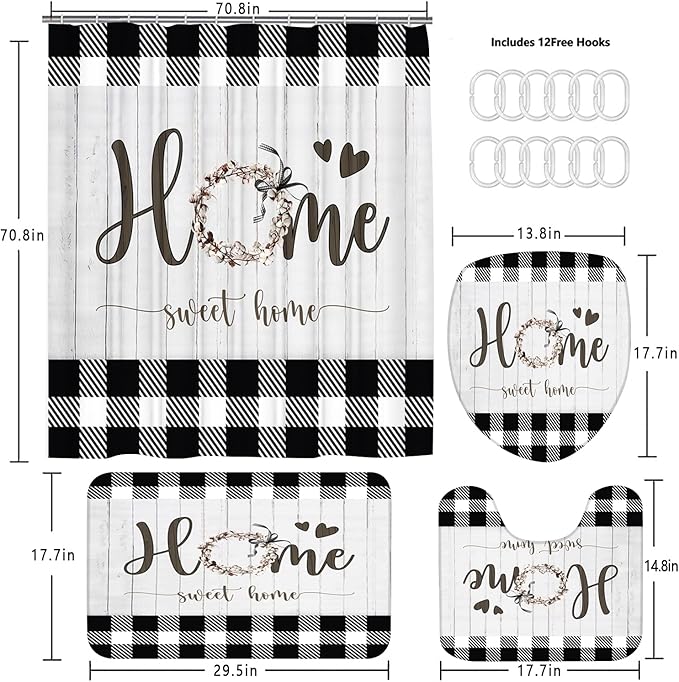 FZDHHY Black and White Shower Curtain Set Home Sweet Home Bathroom Sets with Rugs,Rustic Plaid Bathroom Shower Curtain Set with Carpet Bath Mat Toilet Rugs