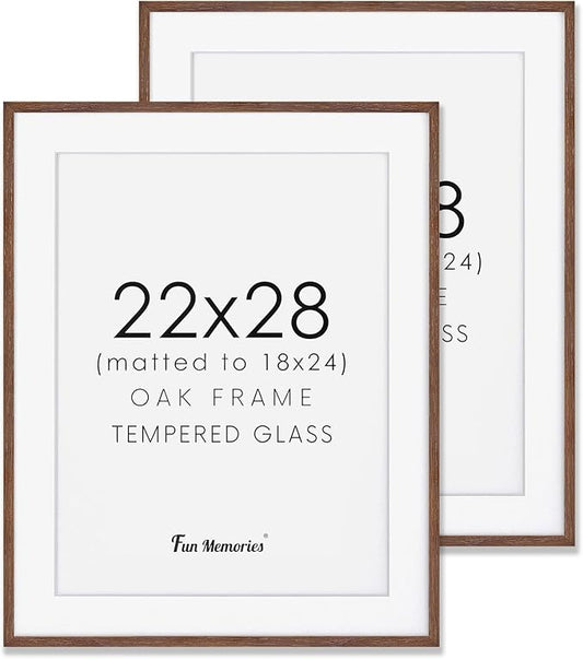 Oak Wood Picture Frame 22x28, 22 x 28 Poster Frame for Wall, 22"x28" Wood Frames Photo Frames in Walnut, Tempered Real Glass, 22x28 Frame with Mat for 18x24 (Walnut, 2 Pack)