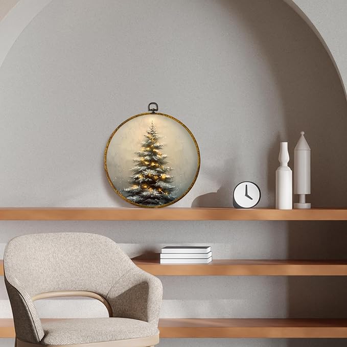 CUANFDDSF Vintage Christmas Tree Round Wall Art Decor, Rustic Cottagecore Forest Winter Xmas Tree Wall Hanging Frame Decor, Farmhouse Christmas Canvas Prints Decorations for Home Bedroom, 10x10 Inch