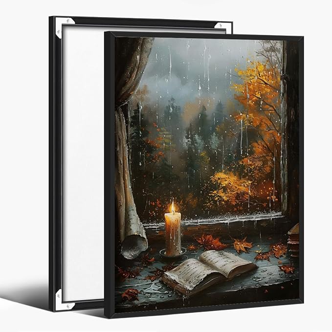 Fall Canvas Wall Art Cozy Bookish Posters Autumn Pictures Prints Moody Dark Cottagecore Academia Art Room Living Wall Decor 12x18inch black framed