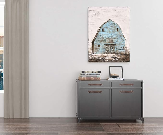 Yihui Arts Modern Abstract Farmhouse Wall Art Hand Painted Teal and Blue Barn Painting Pictures for Living Room Decoration