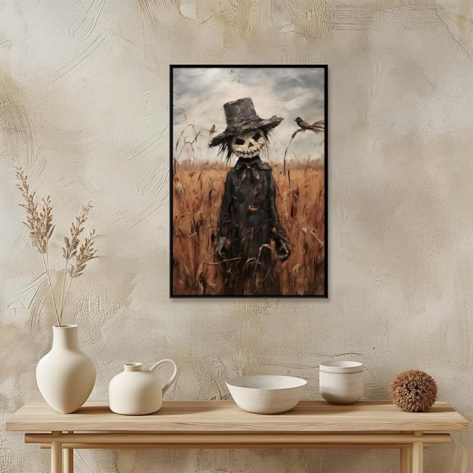 Vintage Fall Wall Art Cute Scarecrow in Field Posters Scarecrow Pictures Canvas Prints Autumn Cornfield Cottage Core Halloween Room Decor 8x12inch black framed