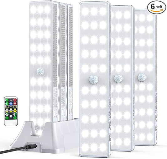 LED Closet Light with Charging Station, 6 Pcs 30LEDs 8'' Dimmer Rechargeable Motion Sensor Under Cabinet Lighting with Remote Control, Wireless Stick-Anywhere Night Light for Wardrobe,Kitchen