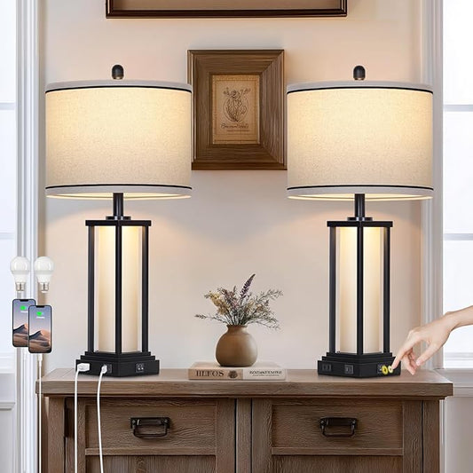 27in Tall Farmhouse Table Lamp Set of 2 with USB C+A & Outlet,Black Industrial End Table Lamp for Living Room,Vintage Rustic Bedside Lamps with Night Light for Bedroom Nightstand,Black