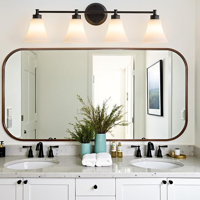 LOUSACE 4 Light Bathroom Vanity Light Matte Black Bathroom Lighting Fixtures Over Mirror with Opal White Frosted Glass Shade, Vintage Traditional Wall Lighting Fixture Vanity Lights for Bedroom