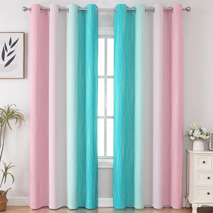 Estelar Textiler Pink and Teal Gradient Blackout Curtains for Bedroom, Thermal Insulated Ombre Drapes 96 Inches Long, Full Light Blocking Energy Saving Curtains for Living Room, 52Wx96L, 2 Panels