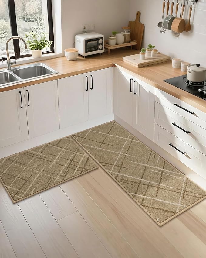 COSY HOMEER Kitchen Mats, 2 PCS Kitchen Rug Non Slip Washable, Absorbent Runner Rugs for Kitchen Floor, Polyester Kitchen Sink Rug 24"x36" + 24"x60"(Beige)