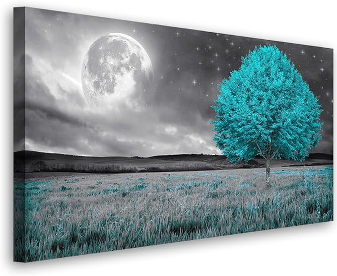 Tree of Life Wall Art Picture Canvas Prints Room Wall Décor Blue Tree with Full Moon Paintings for Living Room Bathroom Bedroom Home Kitchen Decorations Natural Artwork Wooden Framed 20x40inches
