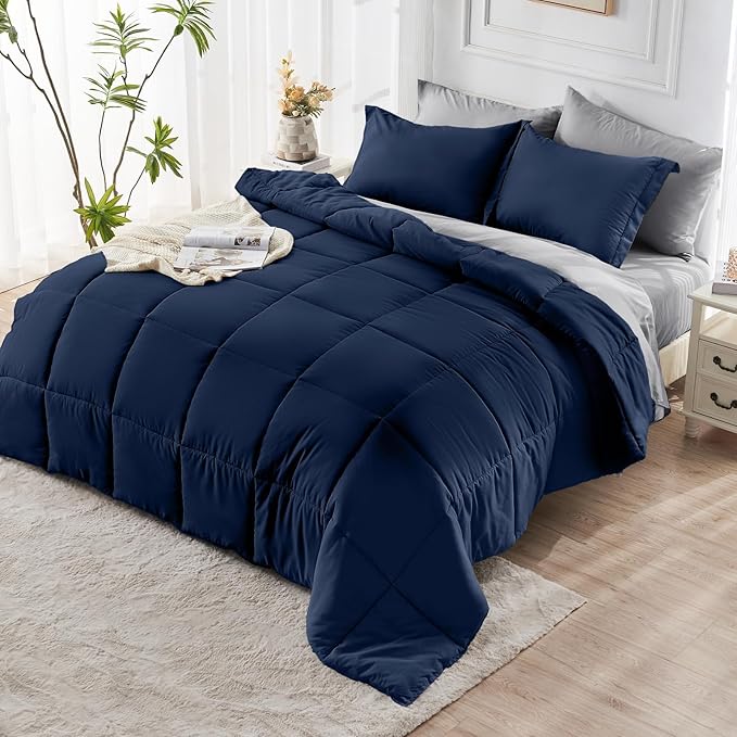 JOLLYVOGUE King Comforter Set, Ultra-Soft Bed in a Bag King Size 7 Pieces, Oeko-TEX Certified Bedding Set with Down Alternative Comforter, Sheets, Pillowcases & Shams, Navy Blue & Light Grey
