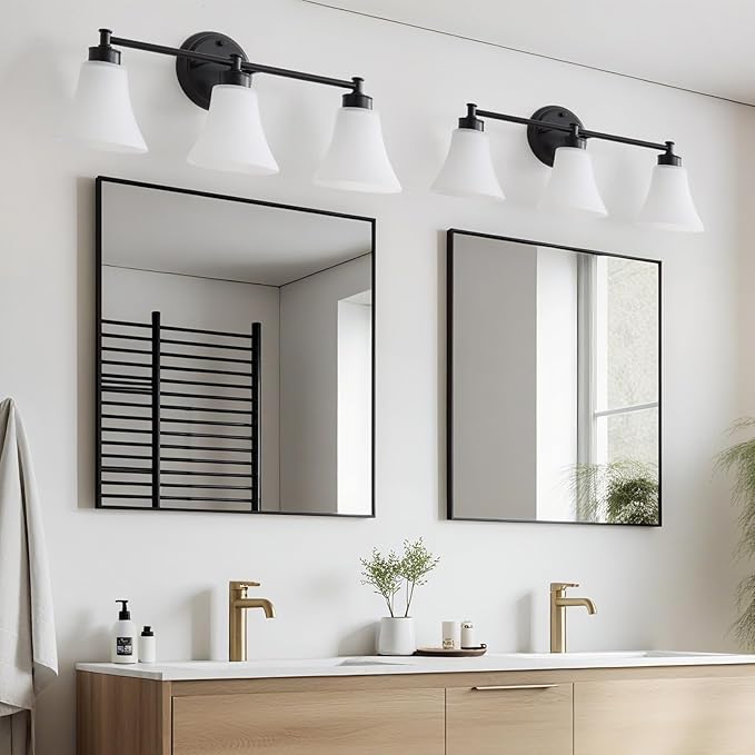 LOUSACE 3 Light Bathroom Vanity Light Matte Black Bathroom Lighting Fixtures Over Mirror with Opal White Frosted Glass, Vintage Traditional Wall Lighting Fixture Vanity Sconces Light for Bedroom