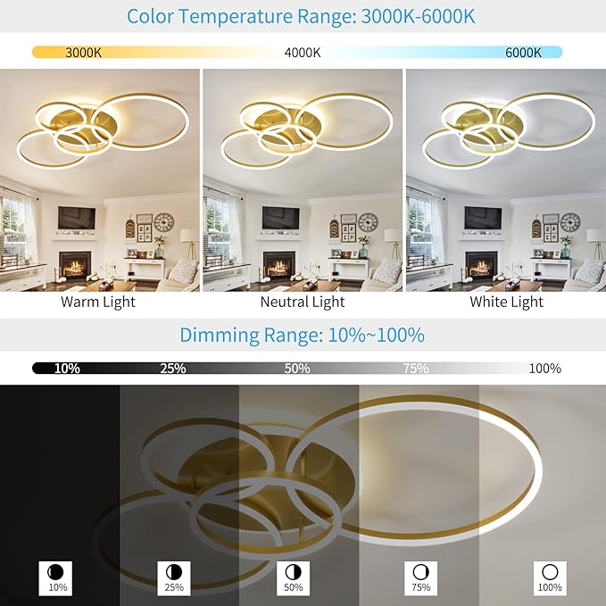 Modern LED Ceiling Light 90W Dimmable Ceiling Light Fixture with Remote Control 5 Rings Flush Mount Ceiling Light Gold Acrylic Chandelier LED for Living Room Bedroom Kitchen Light fixtures(4+1G01)
