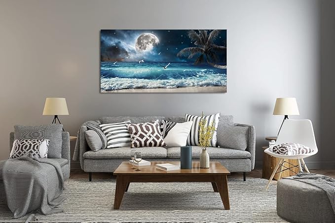 Yxbhhym large Moon Ocean Wall Art Seascape Sea Wall Pictures Canvas Beach Prints Poster Scenery Ocean Paintings Palm Artwork for Bedroom Modern Framed Office Wall Art Living Room Decor-30x60inches