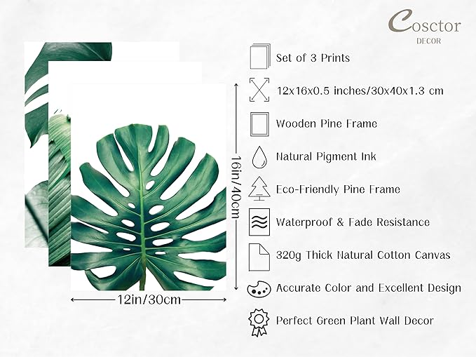 COSCTOR Set of 3 Botanical Wall Art Bathroom Green Plant Tropical leaf Picture Framed Prints for Home Living Room Bedroom Restroom Decoration(Framed,12x16)