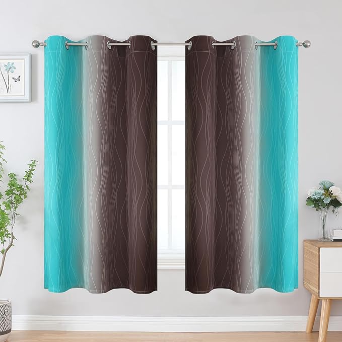 Estelar Textiler Brown and Teal Blackout Curtains & Drapes for Bedroom, Thermal Insulated Ombre Blackout Drapes, Room Darkening Energy Saving Curtains for Living Room, 42Wx63L, 2 Panels