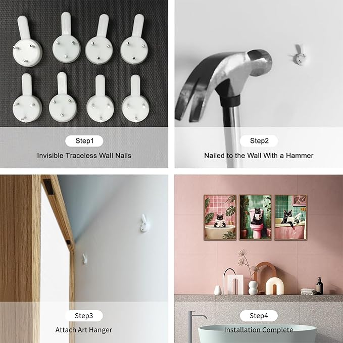 CHDITB Bathroom Black Cat Framed Canvas Wall Art Set, Funny Bathroom Wall Decor, Pink Green Toilet Artwork Black Cat Toilet Wall Painting, Tropical Art Prints Modern Home Decor - Large Size 16"x24"x3