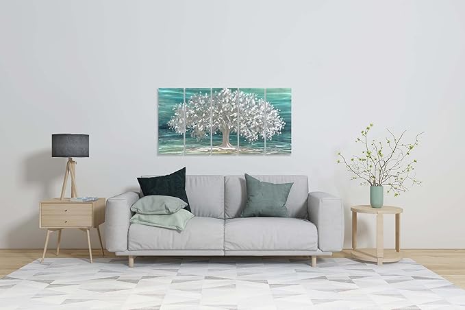 Yihui Arts Tree Of Life Metal Wall Art Handcrafted Aluminum Artwork Teal and Silver Abstract Nature Pictures in 5 Pieces for Living Room Bedroom Bathroom Decor