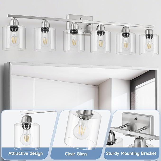 Brushed Nickel Vanity Light, 6 Light Bathroom Lighting Fixtures Over Mirror with Clear Glass, 38 inch Bathroom Light for Oversized Mirrors, E26 Socket