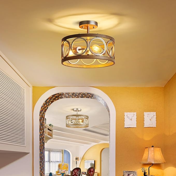 XINGQI 13" Modern 3-Light Brushed Nickel Rustic Semi Flush Mount Ceiling Light Fixture Wood Grain Metal Round Lamp for Kitchen Dining Room Bedroom Entryway