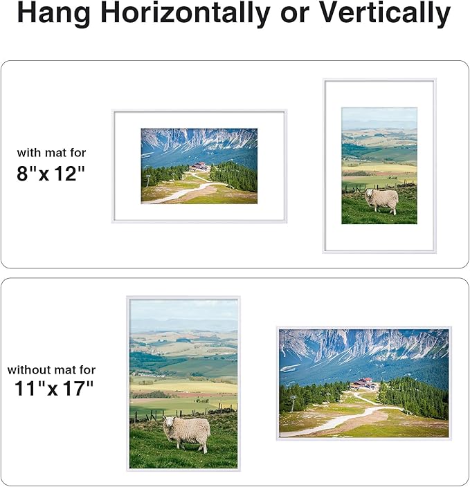 Vittanly 11x17 Picture Frame for Wall, Plexiglass, Displays Poster 8x12 with Mat or 11x17 without Mat, PVC Frame Material, Horizontal or Vertical Hanging, 1 Pack, White