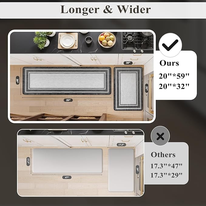 KIMODE Anti Fatigue Kitchen Mats for Floor 20"x59"+20"x32", Farmhouse Kitchen Rugs Sets of 2, Cushioned Non Slip Kitchen Mats for Floor, Comfort Kitchen Floor Mats for Sink Laundry Desk Black