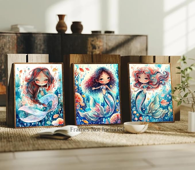 Mermaid Bathroom Decor Wall Art,Mermaid Decor Prints,Sea-Maid Nursery Wall Art Prints Animal Room Decor for Girls Bedroom Kids Bedroom Nursery Set of 4(8"x10"Unframed)