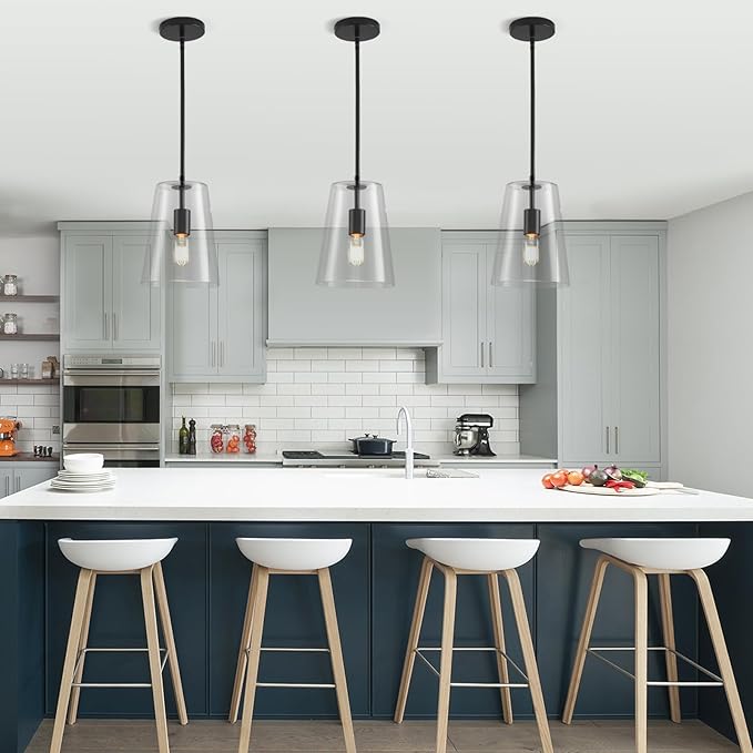 Black Big Pendant Lights Kitchen Island - Clear Glass Pendant Light Fixture Multiple Stems Rods 3 Units 12 Inch 3 Units 4 Inch (2 Pack Black Downrod Pendant with 7.5in W 9.5in H Shade)