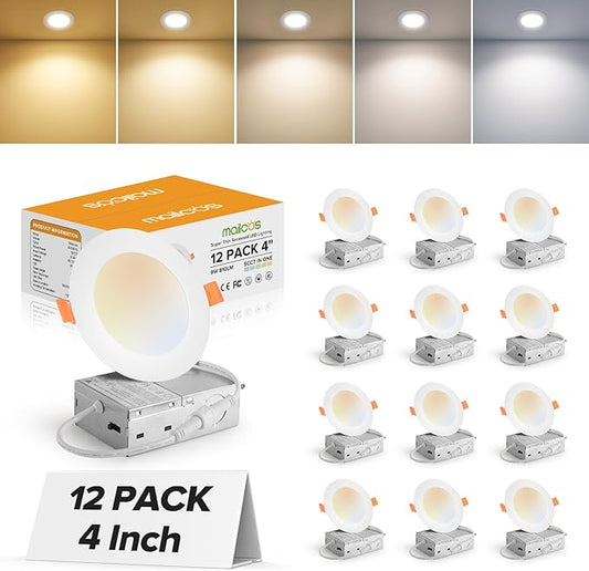 MAILCOS 12 Pack 4 Inch 5CCT Ultra-Thin LED Recessed Ceiling Light with Junction Box, 2700K-5000K Selectable, 810LM High Brightness, Dimmable Canless Wafer Downlight, 9W 120V, ETL