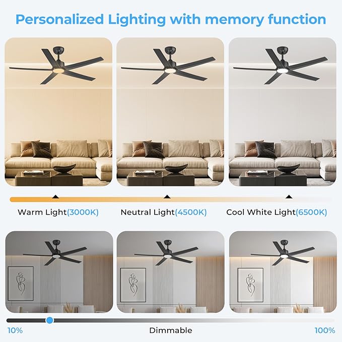 ocioc 52 Inch Smart Ceiling Fan,Modern Ceiling Fans with Lights and Remote,Compatible with Alexa/Google Home/APP,Reversible,Dimmable,3 CCT,Timer,Black Ceiling Fan for Bedroom,Living Room