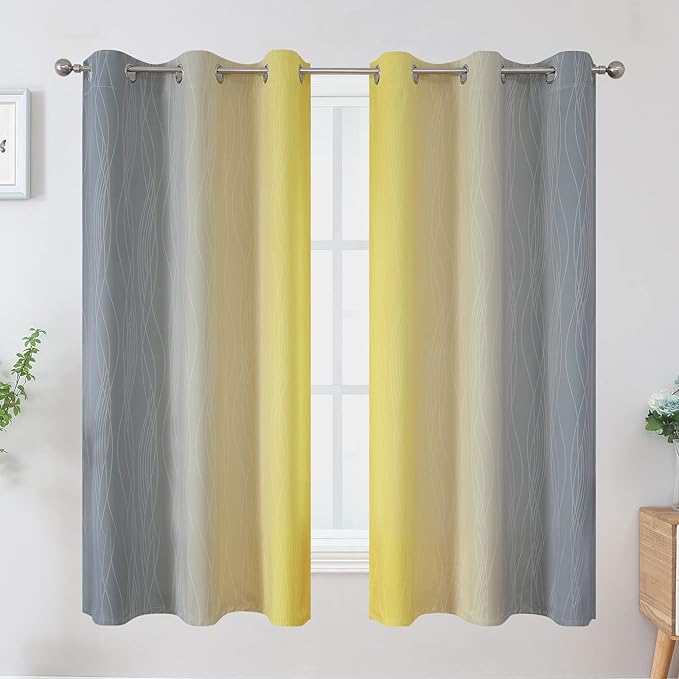Ombre Gray and Yellow Blackout Curtains 63 Inch Length 2 panels, Full Room Darkening Curtains for Kids Room, Grommet Thermal Insulated Gradient Drapes, Light Blocking Curtains for Bedroom, 42x63 Inch