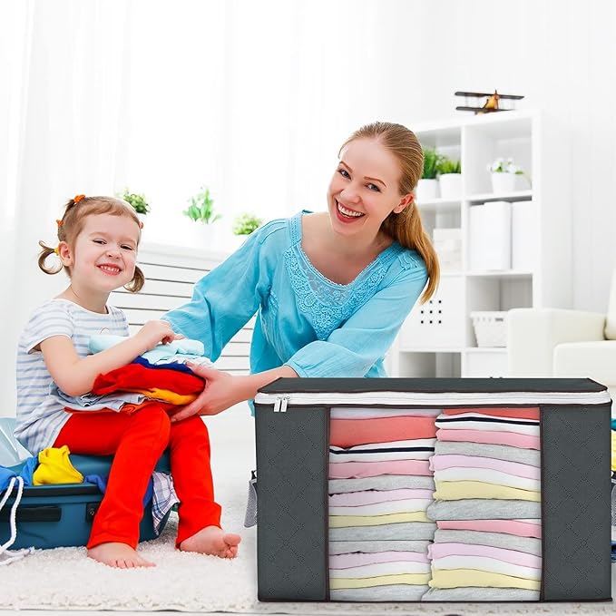 Large Storage Bags, 3 Pack Clothes Storage Bins Foldable Closet Organizers Storage Containers with Durable Handles Thick Fabric for Blanket Comforter Clothing Bedding 90 L (Gray)