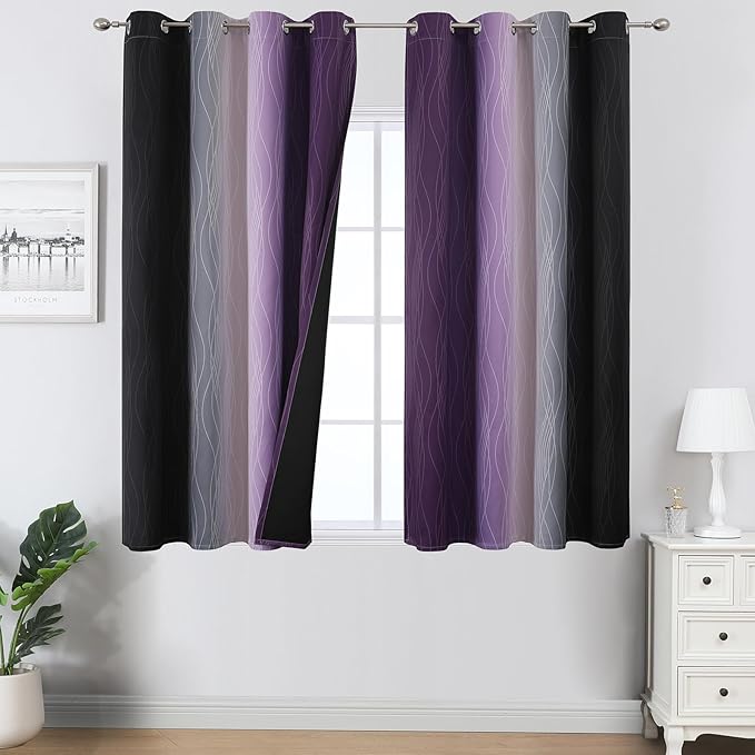 Estelar Textiler Black and Purple Ombre Blackout Curtains 45 Inch Length 2 Panels, Full Room Darkening Gradient Drapes for Kitchen, Thermal Insulated Grommet Short Curtains for Bathroom,52Wx45L
