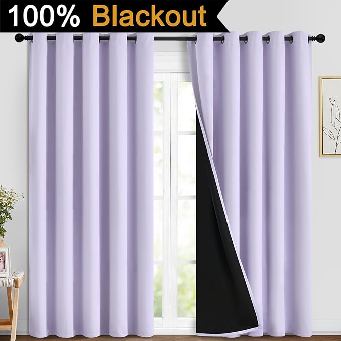 Yakamok 2 Thick Layers 100% Completely Blackout Window Curtains,Thermal Insulated Noise Reducing Drapes for Girl's Bedroom(70Wx84L, Lilac, 2 Panels)