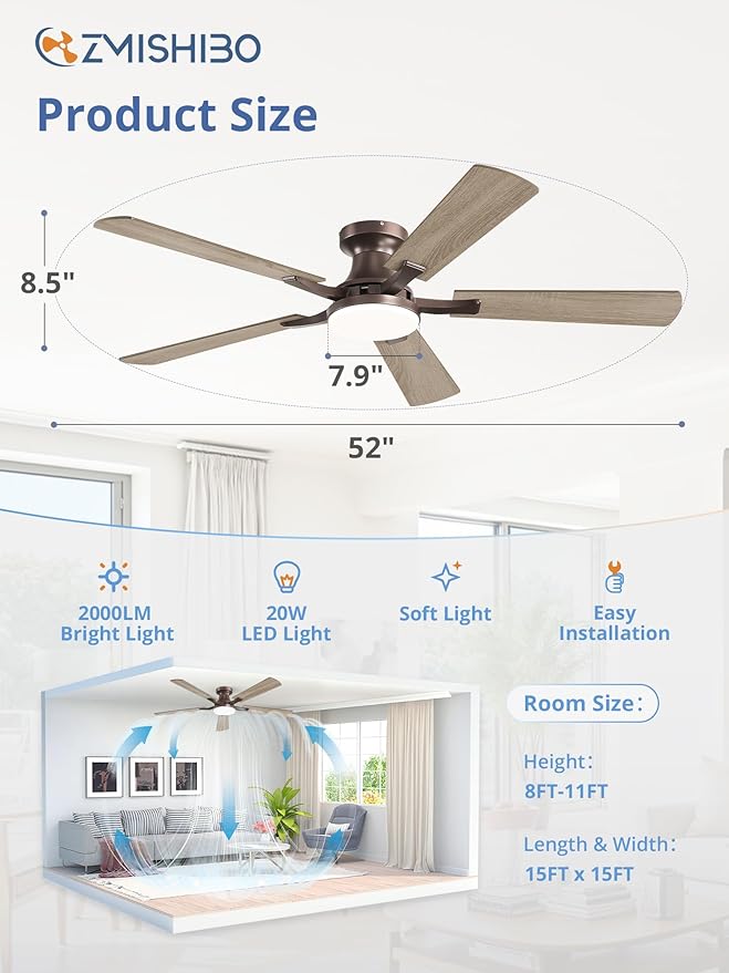 ZMISHIBO 52 Inch Ceiling Fan with Light, App&Remote Control, Flush Mount Low Profile, Dimmable 20W LED Light, Quiet Reversible Motor for Bedroom, Living Room, Apartment, Brown