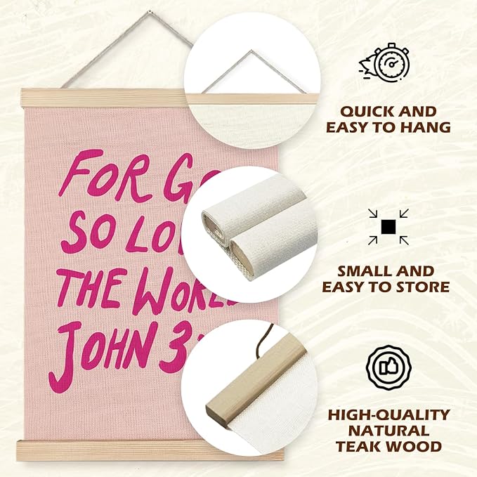 Supwhd Christian Wall Decor, Trendy Preppy Pink Bible Verse Wall Art With Wooden Poster Hanger, Pink Preppy Wall Decor, Christian Wall Art for Girls Room Dorm Decor, 12x16