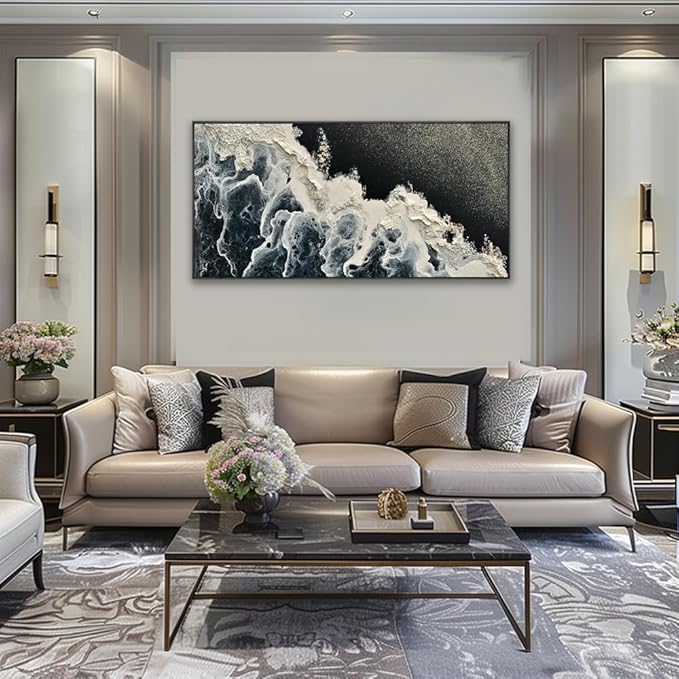 Wall Art Abstract Seascape Artwork Ocean Waves Art Sea Landscape Painting Blue,Black and White for Living Room Bedroom Dining Room Home Office Decor Large Framed Ready to Hang 24"x48"