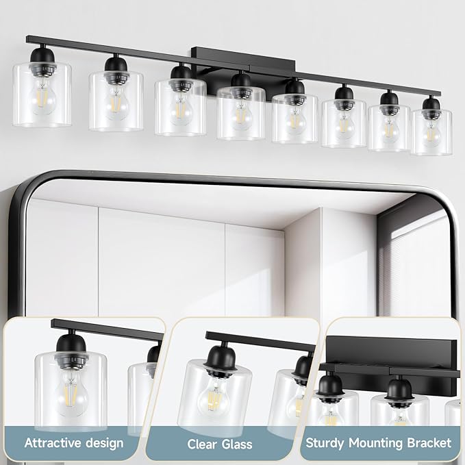 8 Light Black Bathroom Light Fixtures Over Mirror, Modern Bathroom Lighting with Clear Glass,51 inch Lights for Vanity for Oversized Mirrors, E26 Base