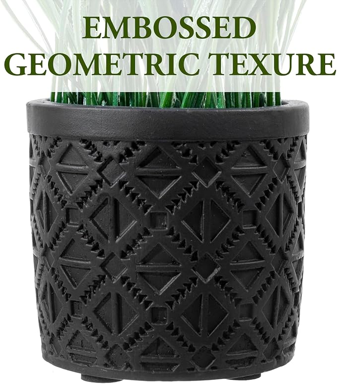 MyGift Artificial Green Grass Plant in Modern Black Concrete Pot with Geometric Embossed Pattern, Tabletop Faux Greenery Decorative Round Cement Planter Home Decor