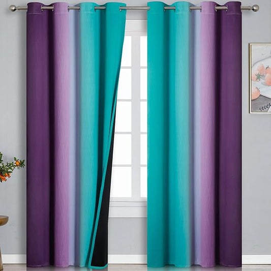 Teal Blackout Curtains 84 Inches Long, Ombre Purple Blackout Curtains for Bedroom, Grommet Thermal Insulated Gradient Drapes, Full Light Blocking Curtains for Kids Room,52x84 Inch, 2 Panels