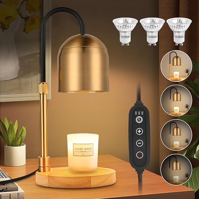 Candle Warmer Lamp with Timer & Dimmer, Adjustable Height Electric Candle Warmer with 3 Bulbs,Compatible with All Size Scented Candles, Wax Melt Warmer for Bedroom,Home Decor House Warming Gifts