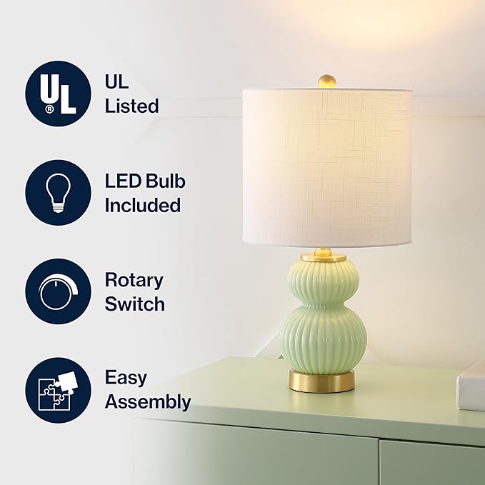 JONATHAN Y JYL1099F Daphne 20" Contemporary Transitional Metal/Glass Ribbed Gourd LED Table Lamp Bedroom, Living Room, Office, Dining Room, Mint Green/Brass Gold