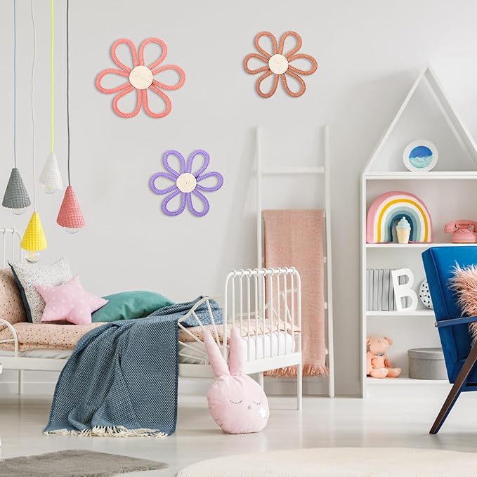 Barydat 6 Pcs Boho Nursery Decor Daisy Flower Woven Macrame Wall Hanging 3 Size Daisy Flower Wall Decor Bohemian Nursery Decorations for Home Dorm Art(Multicolor)