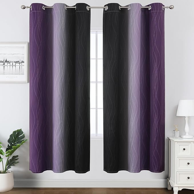 Estelar Textiler Black and Purple Ombre Blackout Curtains for Bedroom, Full Room Darkening Grommet Curtains for Living Room, Thermal Insulated Light Blocking Gradient Drapes, 42Wx72L,2 Panels